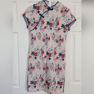 Floral Print Dress with Blue Trim